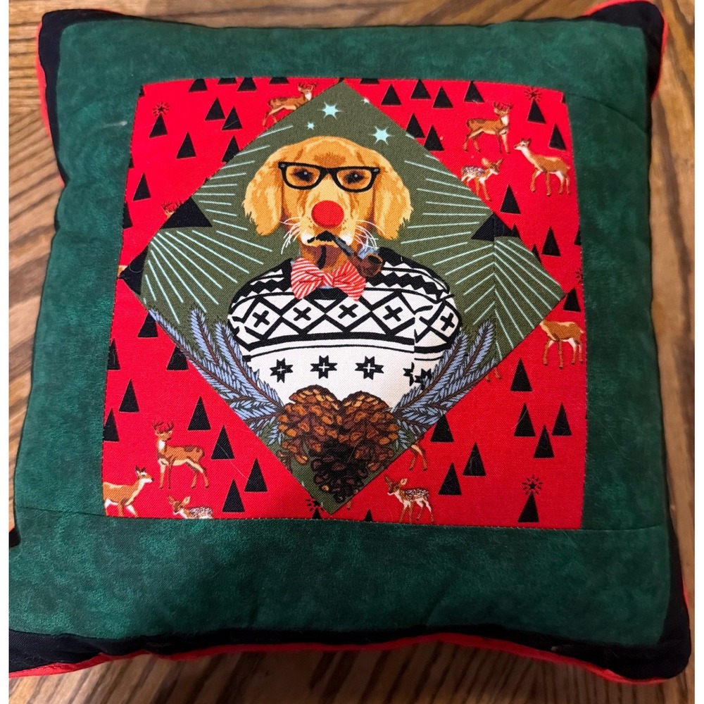 Elfi Luvrud Handmade Christmas Dog Throw Pillow Green Red 12x12 Whimsical Cabin